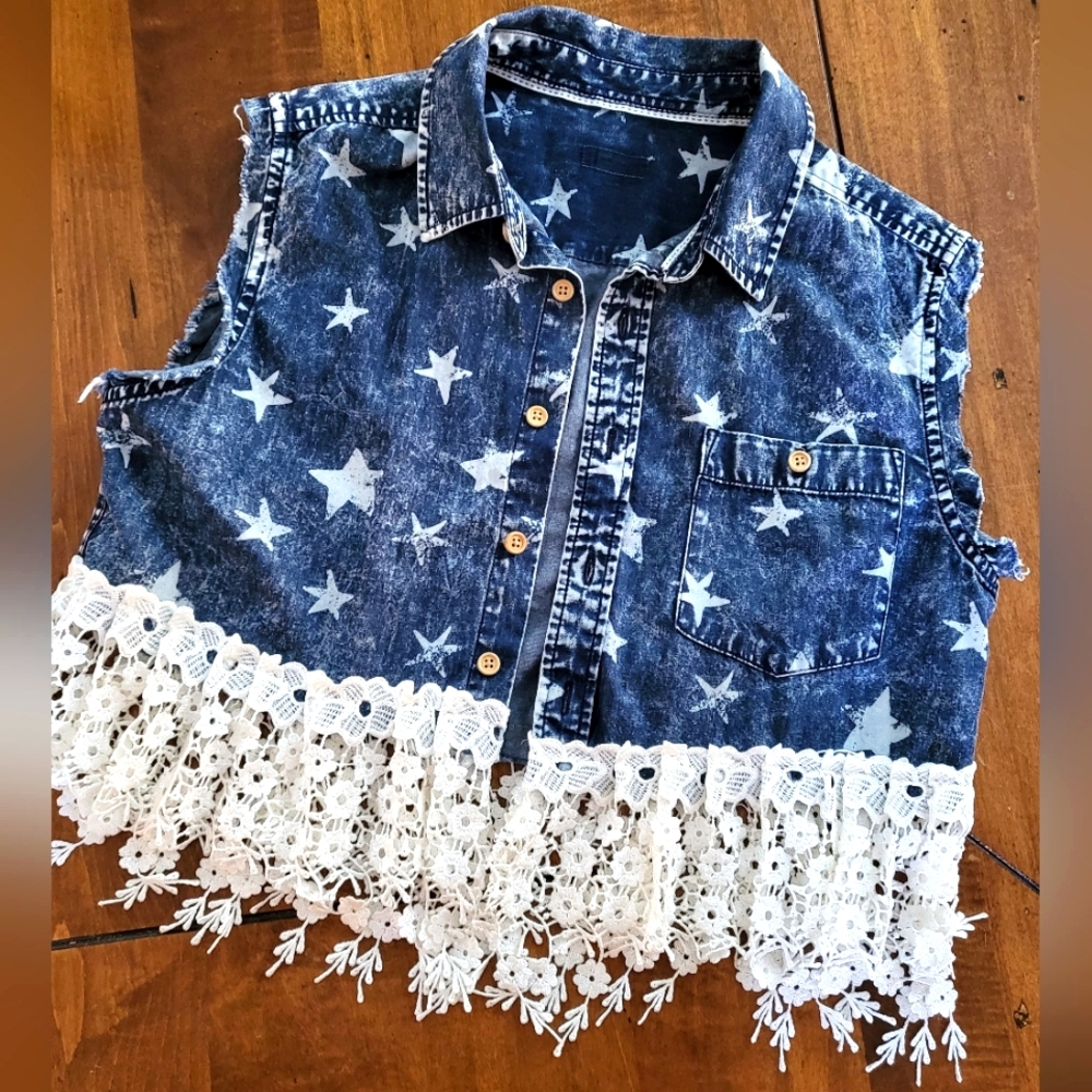 Handmade Cropped Demin Lace Vest